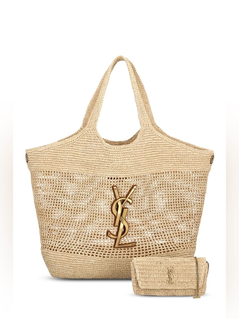 Gold Logo Plaque Raffia Beach Bag